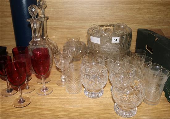 Assorted glass, six cranberry and others